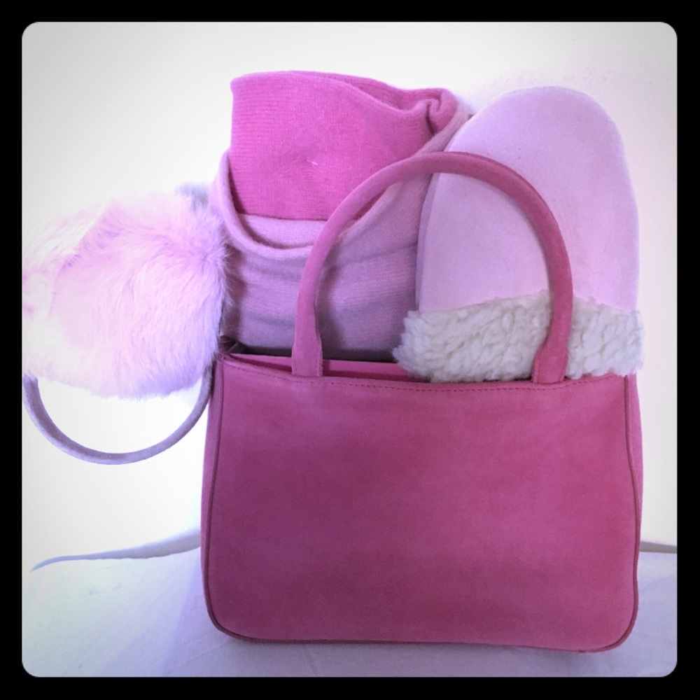 New Pink Suede Small Tote 4-Piece Set Slippers Ear Muffs Giftable Winter Gifts
